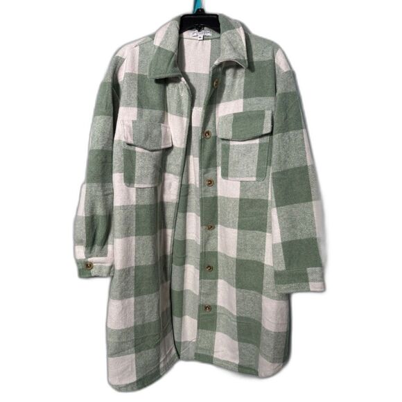 chicsoul.com Jackets & Blazers - Chic Soul Women's XL Sage Green & Cream Buffalo Plaid Longline Shacket Coat